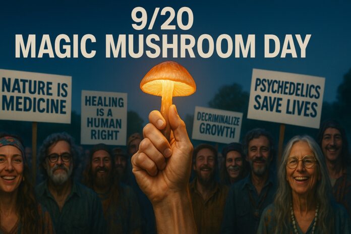 A bold, editorial-style illustration for 9/20 Magic Mushroom Day. In the foreground, a raised hand holds a glowing mushroom symbolizing change. Behind, a stylized crowd of activists carry protest placards reading “Legalize Healing,” “Science Over Stigma,” “Fungi Future,” and “Power to the People.” Designed in a clean, magazine-like aesthetic with bold contrasting colors.