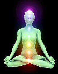 3D illustration of woman meditating and energizing her energy centers (chakras) through the lotus position