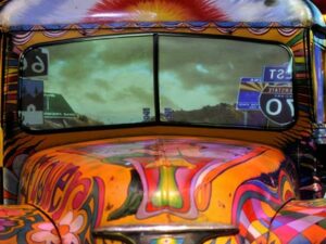 A hippie "Magic Bus" on display at the Museum at Bethel Woods Center for the Arts, a museum built on the site of the 1969 Woodstock music festival. 