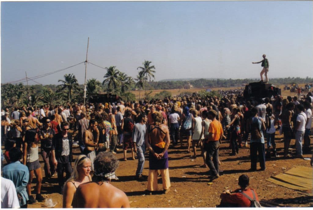 Above Spaghetti Beach, Goa 1997. Dancing on the speaker – Dr. Vagator. (Photo by Andreas Wagner). 